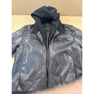 Vintage Guess Mens 2XL‎ Black Faux Leather Hooded Moto Jacket Removable